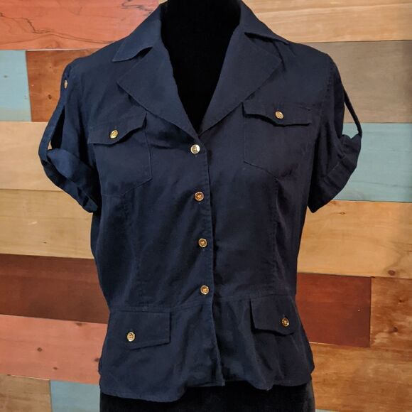 💜5/$25 SMALL 100% cotton button down blouse Jones New York navy blue - Picture 1 of 5